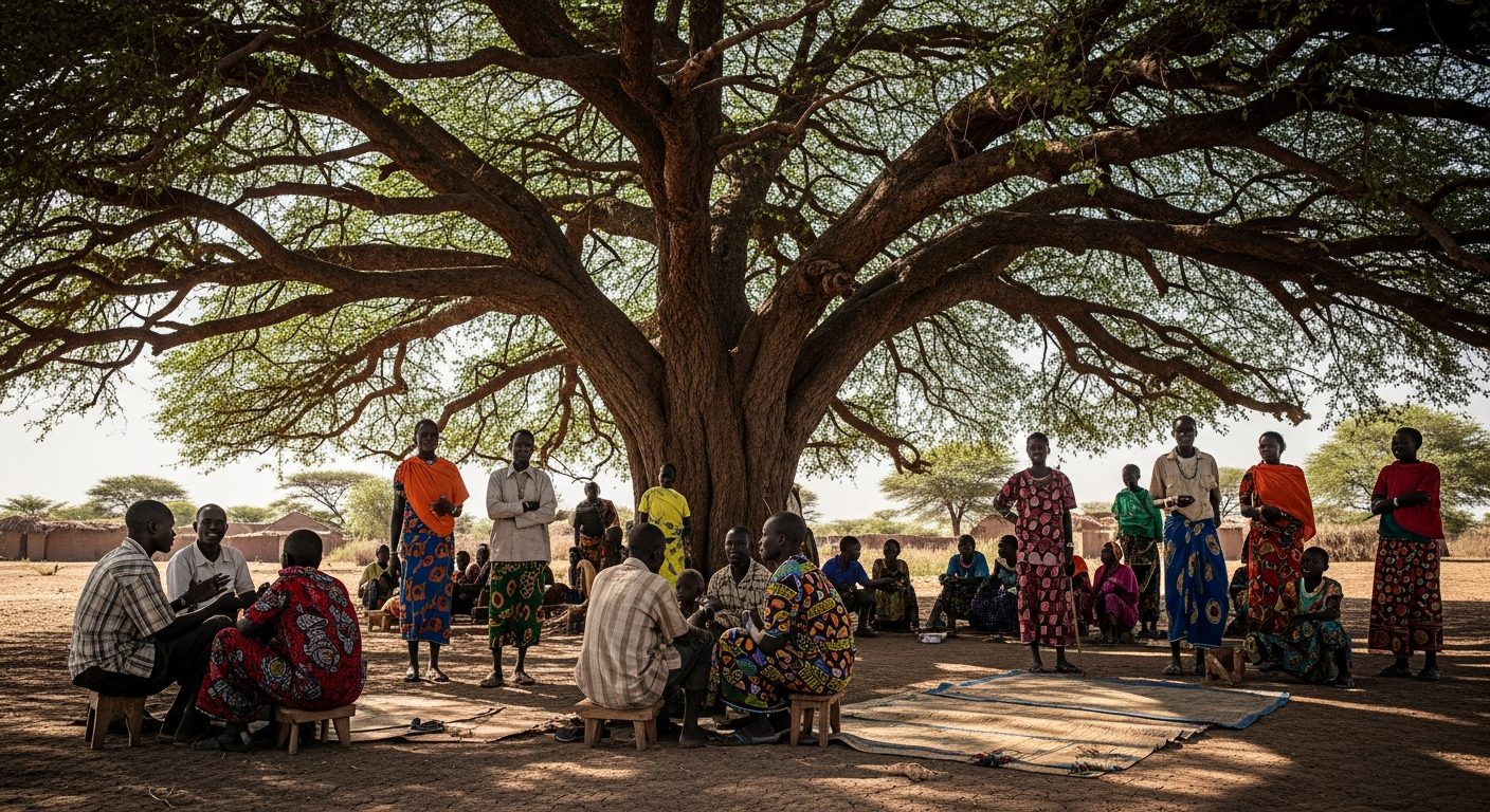 South Sudan community gathering under tree